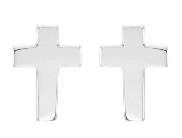 Girl's Christian Cross Stud Earrings, 14k White Gold (10x6MM)