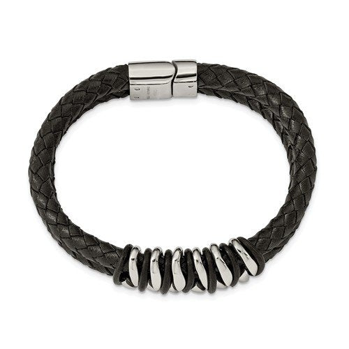 Men's Polished Stainless Steel 17mm Black Rubber and Leather Bracelet, 8.5"