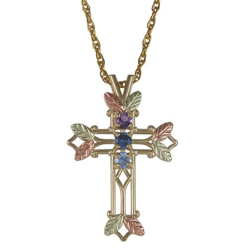 Amethyst, Sapphire and Aquamarine Pointed Cross Pendant Necklace, 10k Yellow Gold, 12k Green and Rose Gold Black Hills Gold Motif, 18"