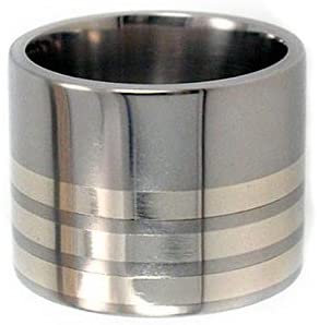 Sterling Silver Inlay 15mm Comfort Fit Titanium Wide Ring, Size 13.25