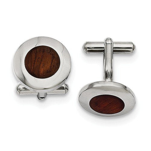 Stainless Steel Wood Inlay Round Cuff Links, 15MM