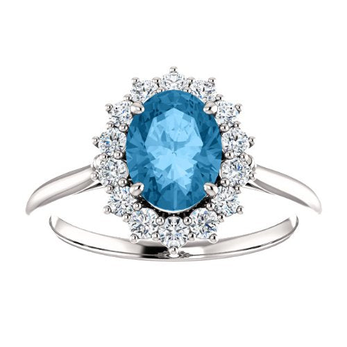Swiss Blue Topaz and Diamond Halo 14k White OR Yellow Gold Ring, Size 7