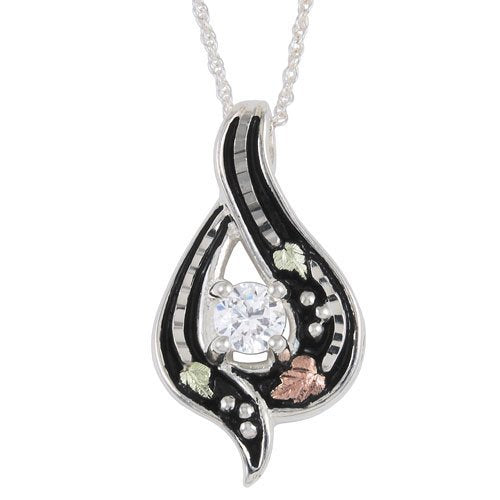 CZ Antiqued Pendant Necklace, Sterling Silver, 12k Green and Rose Black Hills Gold Motif, 18''