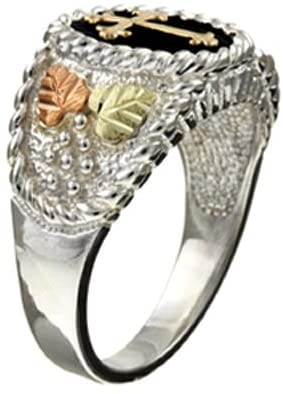 Men's Cross Ring, Sterling Silver, 10k Yellow Gold, 12k Green and Rose Gold Black Hills Gold Motif, Size 12.25
