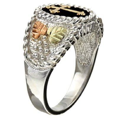 Men's Cross Ring, Sterling Silver, 10k Yellow Gold, 12k Green and Rose Gold Black Hills Gold Motif