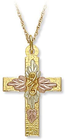 Engraved Cross Pendant Necklace, 10k Yellow Gold, 12k Green and Rose Gold Black Hills Gold Motif, 18"