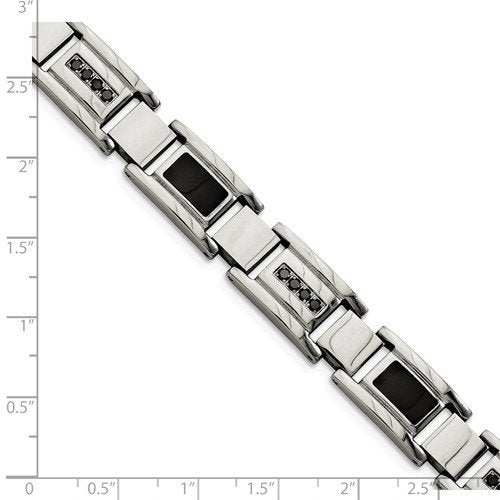 Men's Stainless Steel 12 mm Black Enamel and Black Diamonds Bracelet, 8.5" (0.05 Ctw)