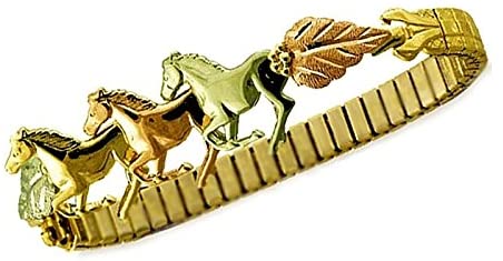 Three Horse Bracelet, 10k Yellow Gold, 12k Green and Rose Gold Black Hills Gold Motif