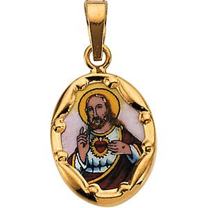 14k Yellow Gold Sacred Heart of Jesus Hand-Painted Porcelain Medal (13x10 MM)