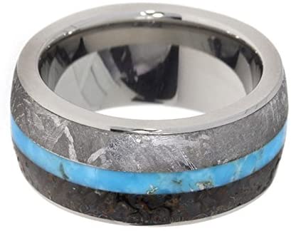 Turquoise, Dinosaur Bone, Gibeon Meteorite 9mm Comfort Fit Titanium Band, Size 6.25