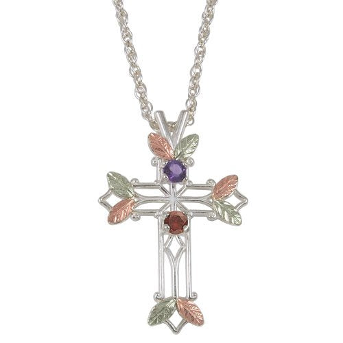 Amethyst and Garnet Pointed Cross Pendant Necklace, Sterling Silver, 12k Green and Rose Gold Black Hills Gold Motif, 18"