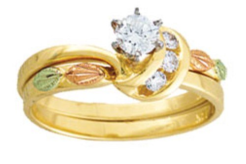 Diamond Bridal Set Engagement and Wedding Ring, 10k Yellow Gold, 12k Green and Rose Gold Black Hills Gold Motif (.34 Ctw)