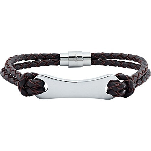 Dark Brown Leather and Stainless Steel ID Bracelet, 9"