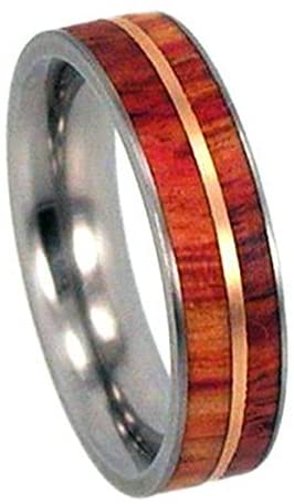 Tulip Wood, 12k Rose Gold Inlay 6.5mm Comfort Fit Titanium Wedding Band, Size 10