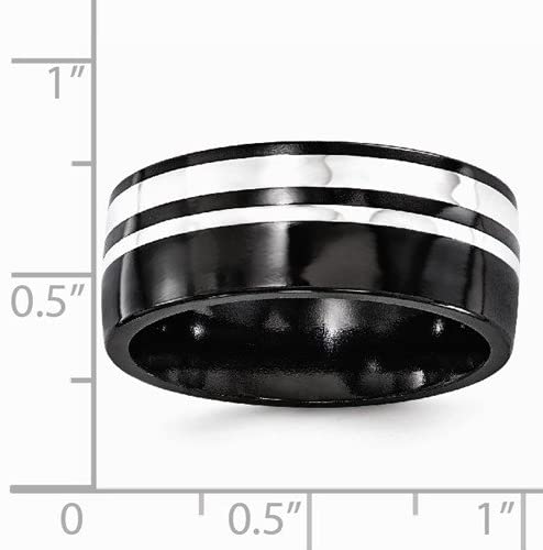 Edward Mirell Black Titanium and Sterling Silver Two-Tone Flat 9mm Wedding Band, Size 9.5