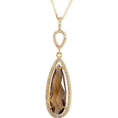 7.5 Ct Honey Quartz Pear and 1/3 Diamond Halo Necklace in 14k Yellow Gold, 18"