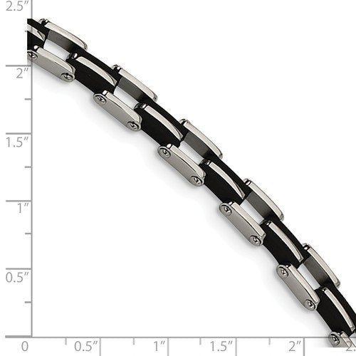 Men's Polished Stainless Steel 7mm Black Rubber Link Bracelet, 8.75"