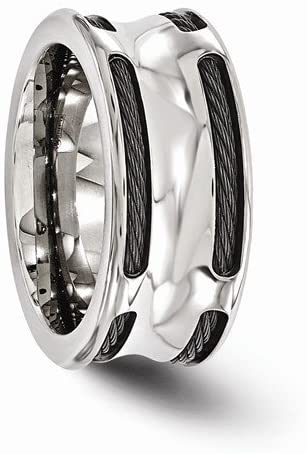 Cable Boulevard Collection Stainless Steel and Black Ti Cable 10mm Concave Band, Size 9.5