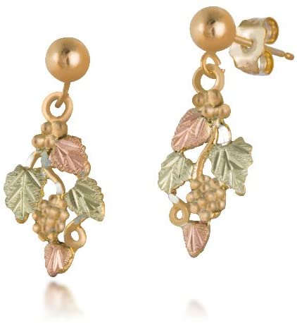 Dangling Grape Leaf Earrings, 10k Yellow Gold, 12k Green and Rose Gold Black Hills Gold Motif