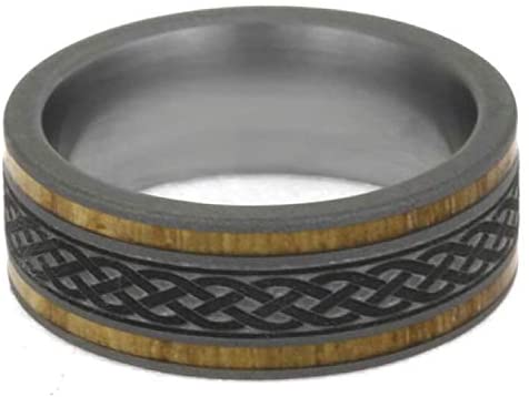 Celtic Knot Oak Titanium Band and Olive Wood Comfort-Fit Sandblasted Titanium Couples Wedding Rings Size, M9.5-F4.5