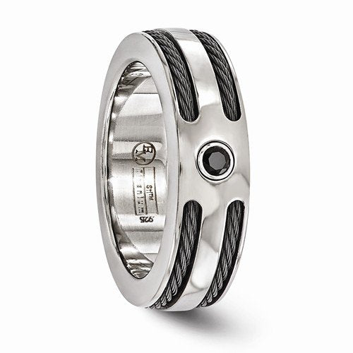 Edward Mirell Titanium Cable Black Spinel with Sterling Silver Bezel 7mm Wedding Band