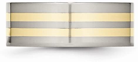 Titanium, Two Stripes 14k Yellow Gold Inlay 8mm Flat Band, Size 8