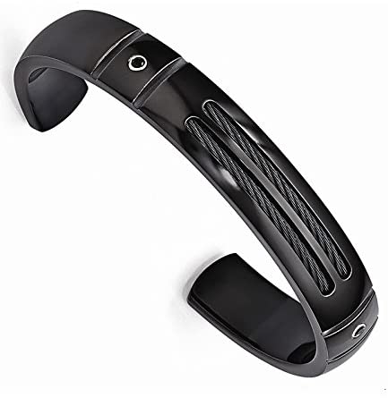 Men's Black Titanium, Black Titanium Memory Cable .14 Ctw Black Spinel 13mm Cuff Bracelet, 8"