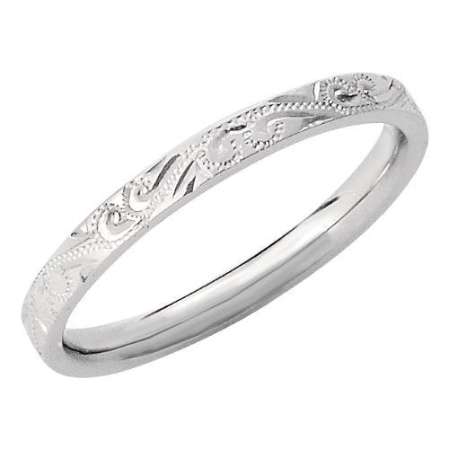 2mm 14k White Gold Hand-Engraved Paisley Band, Size 10