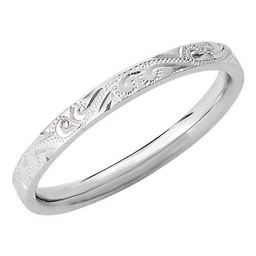 2mm 14k White Gold Hand-Engraved Paisley Band, Sizes 5 to 12