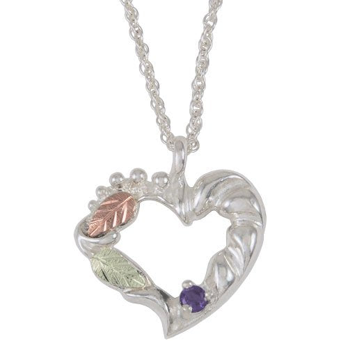 Amethyst Heart Pendant Necklace, Sterling Silver, 12k Green and Rose Gold Black Hills Gold Motif, 18"