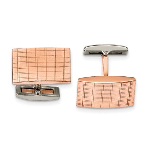 Rose IP- Plated Stainless Steel Polished Laser Design Rectangle Cuff Links