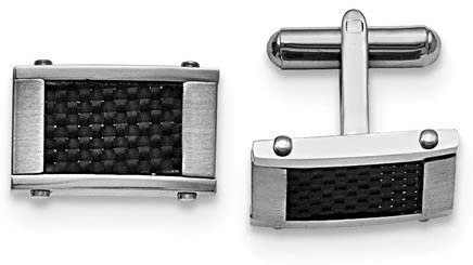 Stainless Steel Satin-Brushed, Black Carbon Fiber Inlay Rectangle Cuff Links, 11X18MM