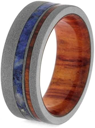 Tulipwood, Blue Box Elder Burl 8mm Sandblasted Titanium Comfort-Fit Band, Size 8.5