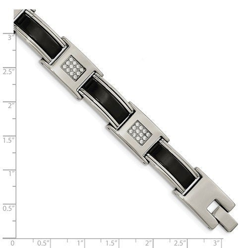 Men's Polished Stainless Steel with Black Ceramic and CZ Bracelet, 8.5"
