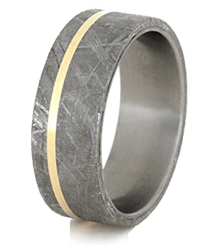 Gibeon Meteorite, 14k Yellow Gold Pinstripe 8mm Comfort-Fit Matte Titanium Band