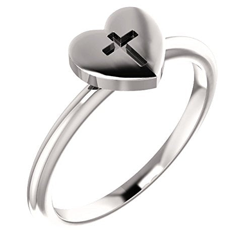 Platinum Heart with Cross Slim Profile Ring, Size 4.75