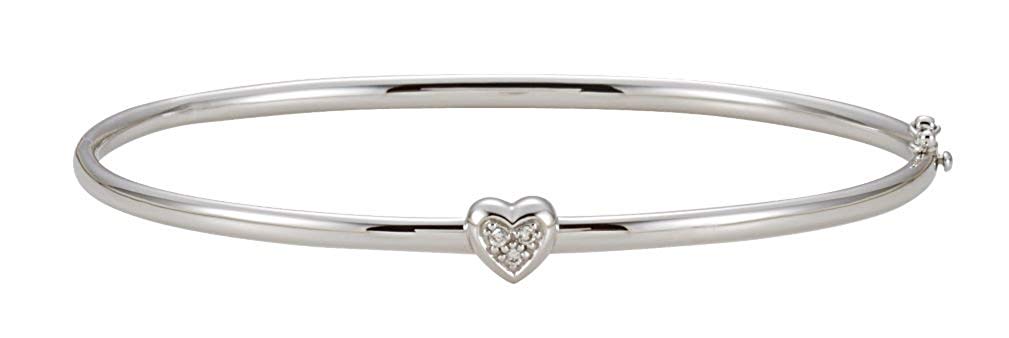 Heart with Diamond Bangle Bracelet, 14k White Gold, 6.5" (.03 Cttw, HI Color, I1 Clarity)