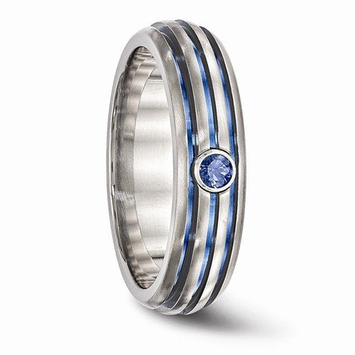 Edward Mirell Titanium Triple Groove Blue Anodized and Sapphire 6mm Wedding Band