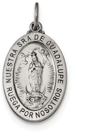 Sterling Silver Satin Antiqued Spanish Lady of Guadalupe Medal Pendant (26.5X16MM)