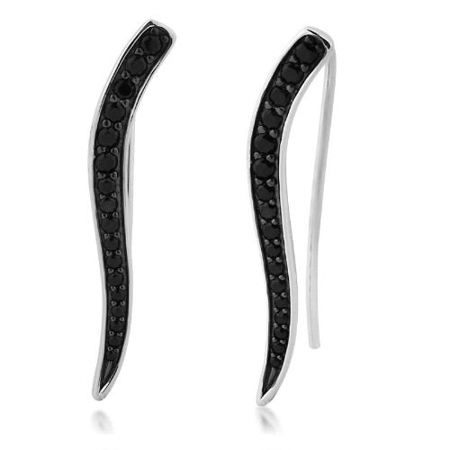 Black CZ S-Curve Rhodium Plated Sterling Silver Ear Crawlers Earrings