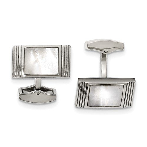 Stainless Steel Mother Of Pearl Grooved Rectangle Cuff Links