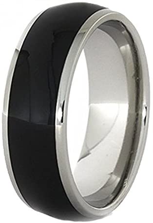 Ebony Wood Inlay 8mm Comfort-Fit Polished Titanium Ring, Size 12.5