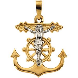 Two-Tone Anchor Mariner's Crucifix 14k Yellow and White Gold Pendant (17X19MM)