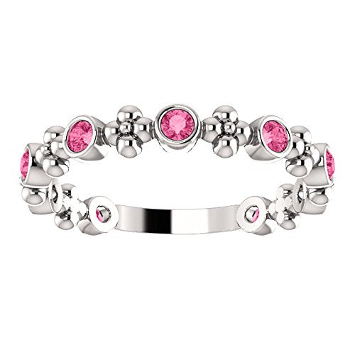 Platinum Genuine Pink Tourmaline Beaded Ring