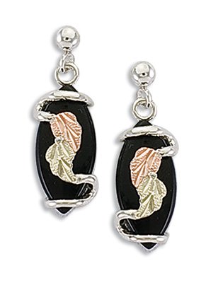 Marquise Onyx Earrings, Sterling Silver, 12k Green and Rose Gold Black Hills Gold Motif