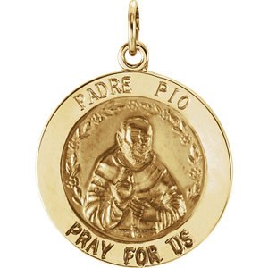 Rhodium Plated 14k Yellow Gold Round St. Padre Pio Medal (18.5 MM)