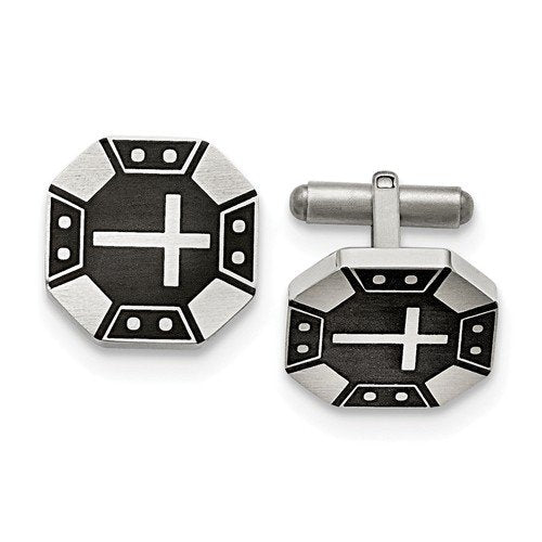 Stainless Steel Matte Black-IP-Plated Cross Octagon Cuff Links