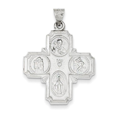 Rhodium-Plated 14k White Gold Four Way Cross Medal Pendant (30X25MM)