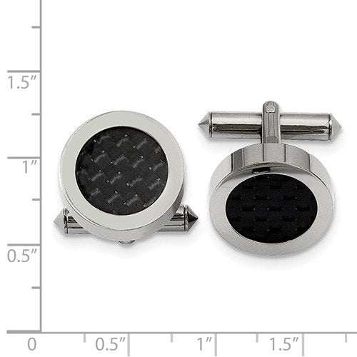 Grey Titanium Black Carbon Fiber Inlay Round Cuff Links, 18MM