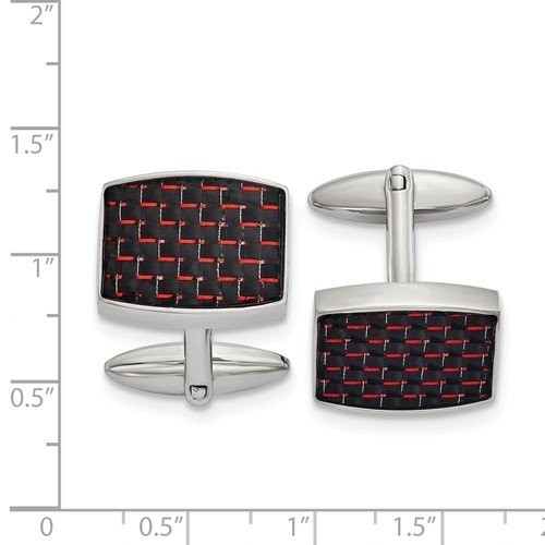 Stainless Steel Black Red Carbon Fiber Inlay Rectangle Cuff Links, 22.52MMX19.27MM